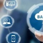 Backup files and data on internet with cloud storage technology that sync all online devices and computers with network connection, protection against loss, business person touch screen icon concept